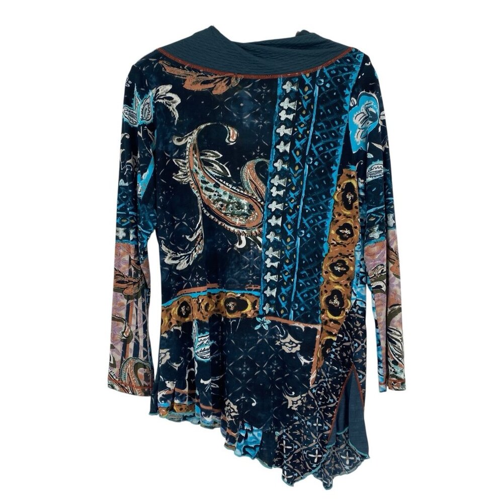 Orientique Naturally Small Patchwork Top Long Sleeve Asymmetric Hem Shawl Neck - Picture 2 of 14